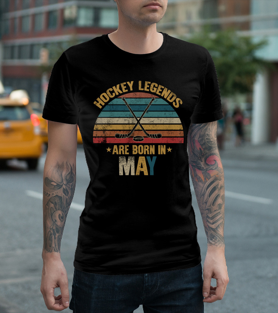 Hockey Legends Are Born In May Vintage Striped Hockey Sticks Retro T-Shirt