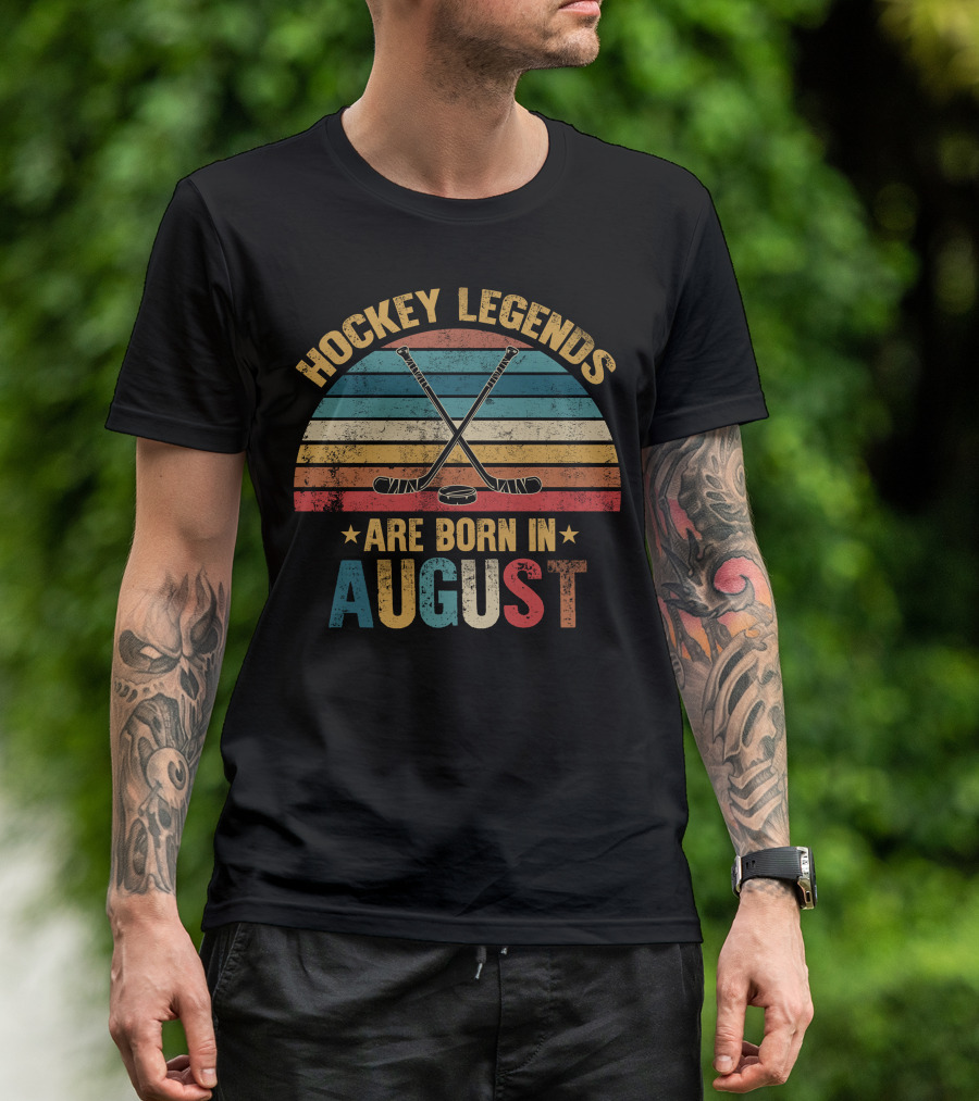 Hockey Legends Are Born In August Vintage Retro Hockey Sticks Emblem T-Shirt