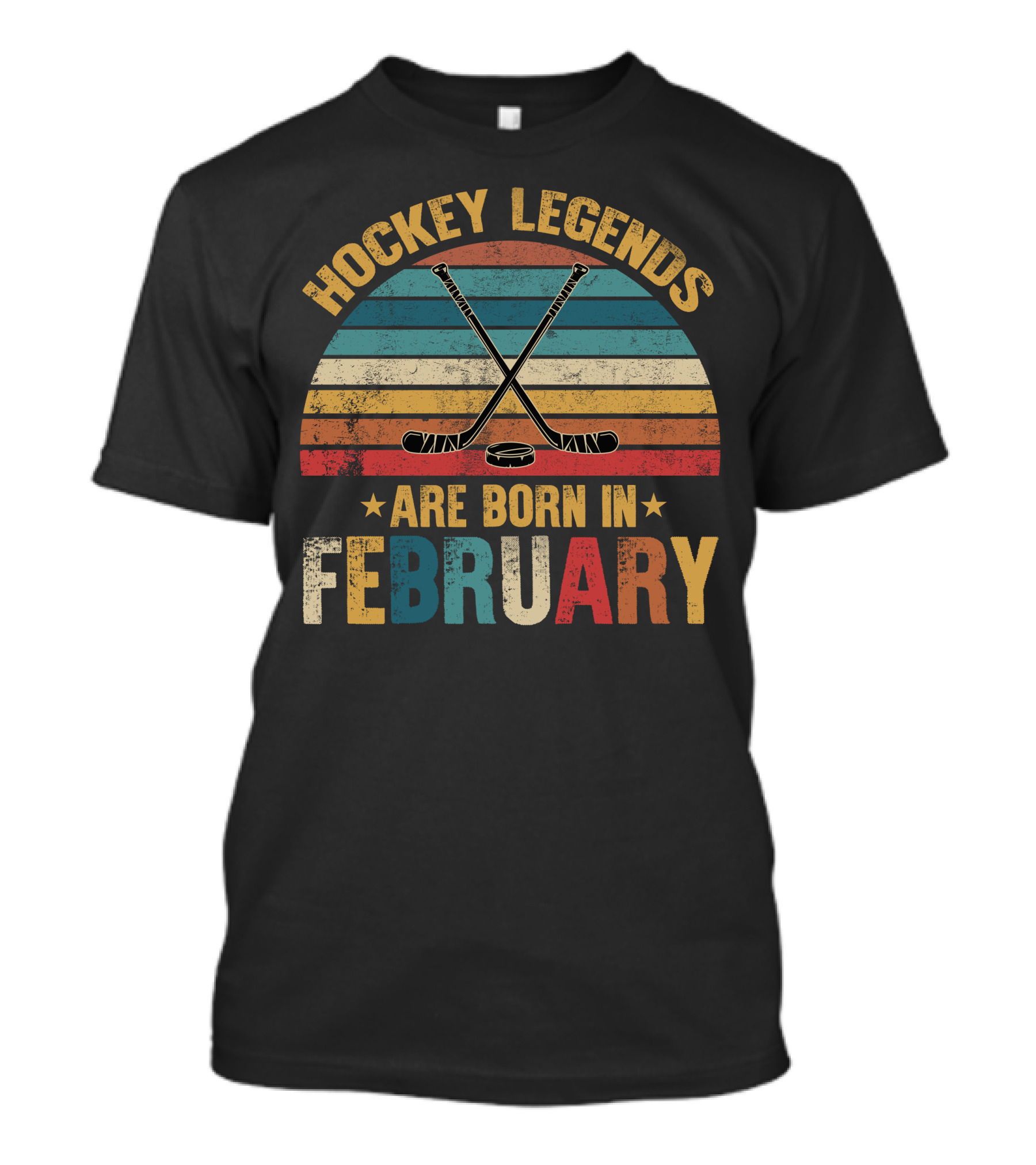 Hockey Legends Are Born In February Retro Stripes Vintage Hockey Sticks Puck T-Shirt