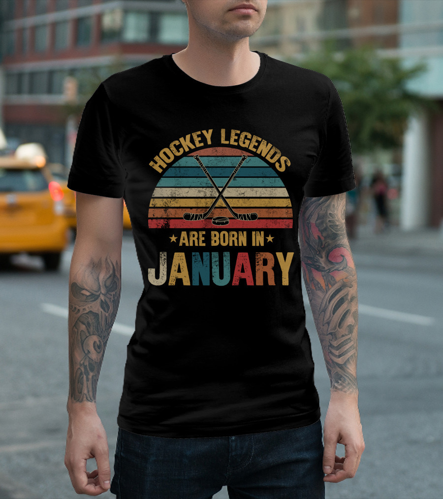 Hockey Legends Are Born In January Vintage Stripes Hockey Sticks and Puck T-Shirt