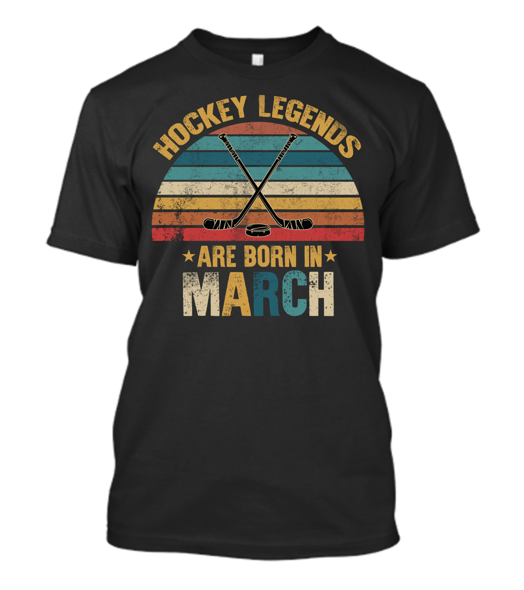 Hockey Legends Are Born In March Vintage Stripes With Crossed Sticks And Puck T-Shirt