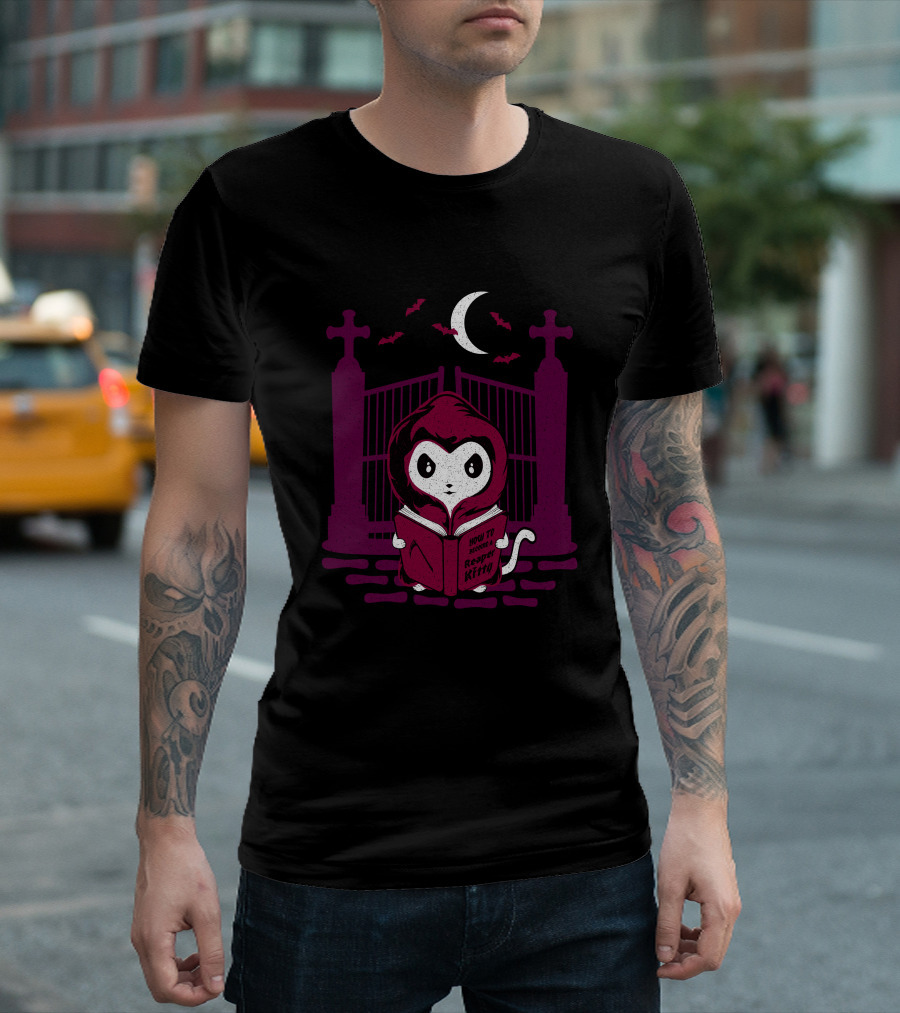 How To Become A Reaper Kitty Reading Guide Moonlit Cemetery Night Sky T-Shirt