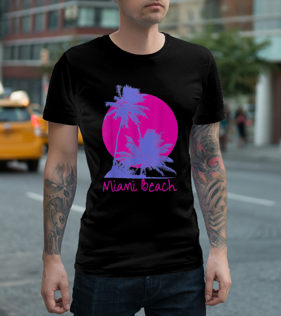 Miami Beach Palm Trees Against Vibrant Pink Sunset Summer Souvenir T-Shirt