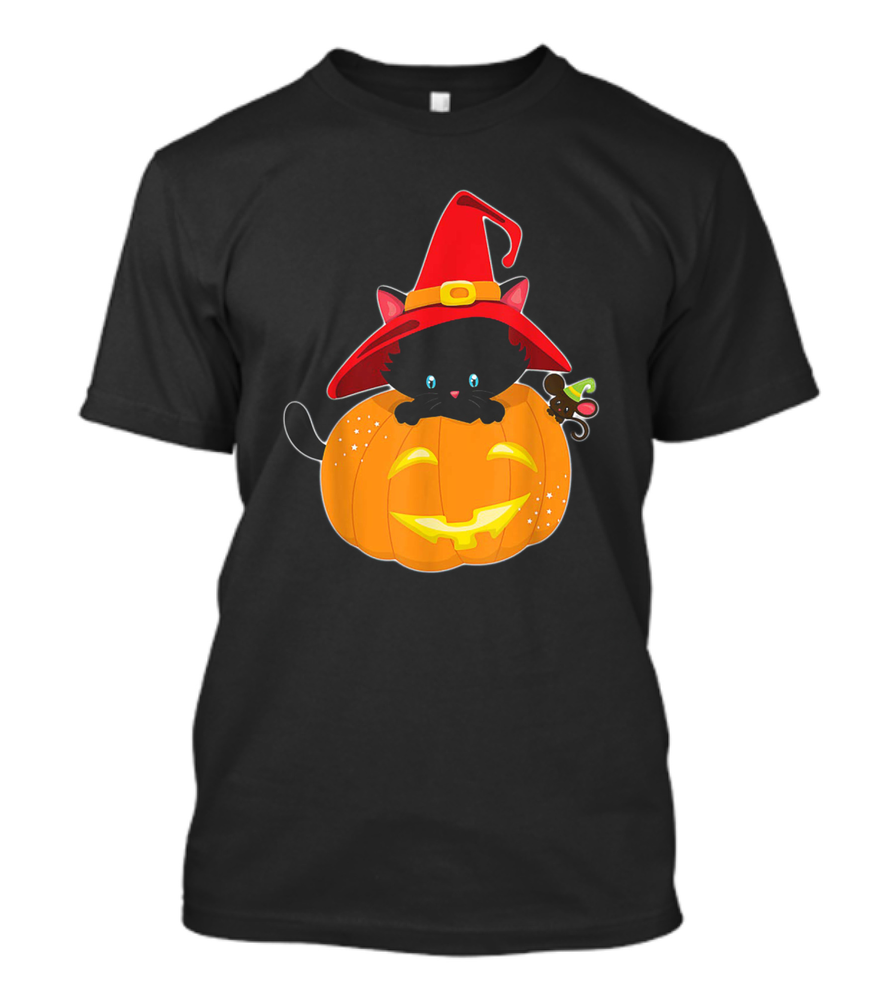 Happy Halloween Spooky Cat In Witch Hat With Glowing Pumpkin T-Shirt
