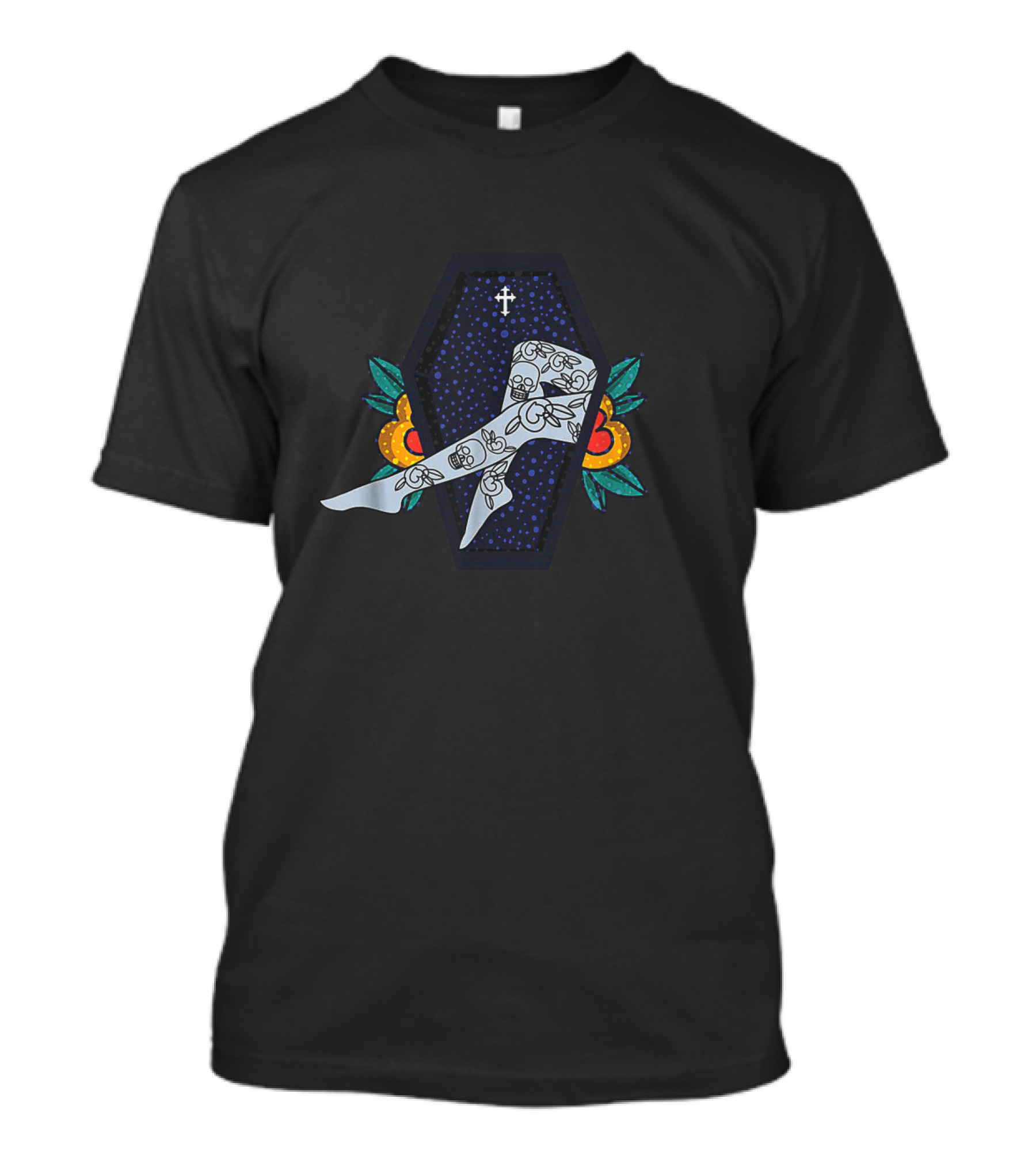 Zombie Pin Up Girl Legs Tattoos In Coffin With Cross And Floral Accents T-Shirt