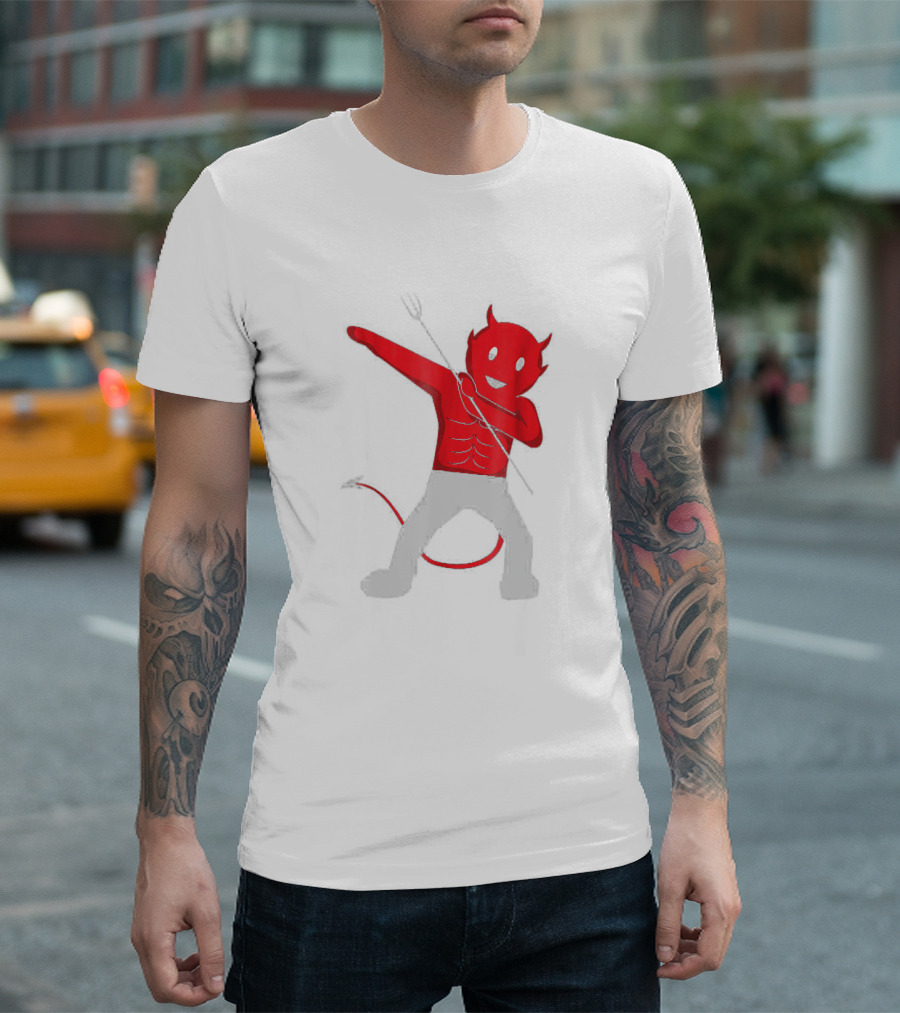 Dabbing Devil Halloween Dab Unny - Red Cartoon Devil Character With Tail And Horns In Popular Dance Pose T-Shirt