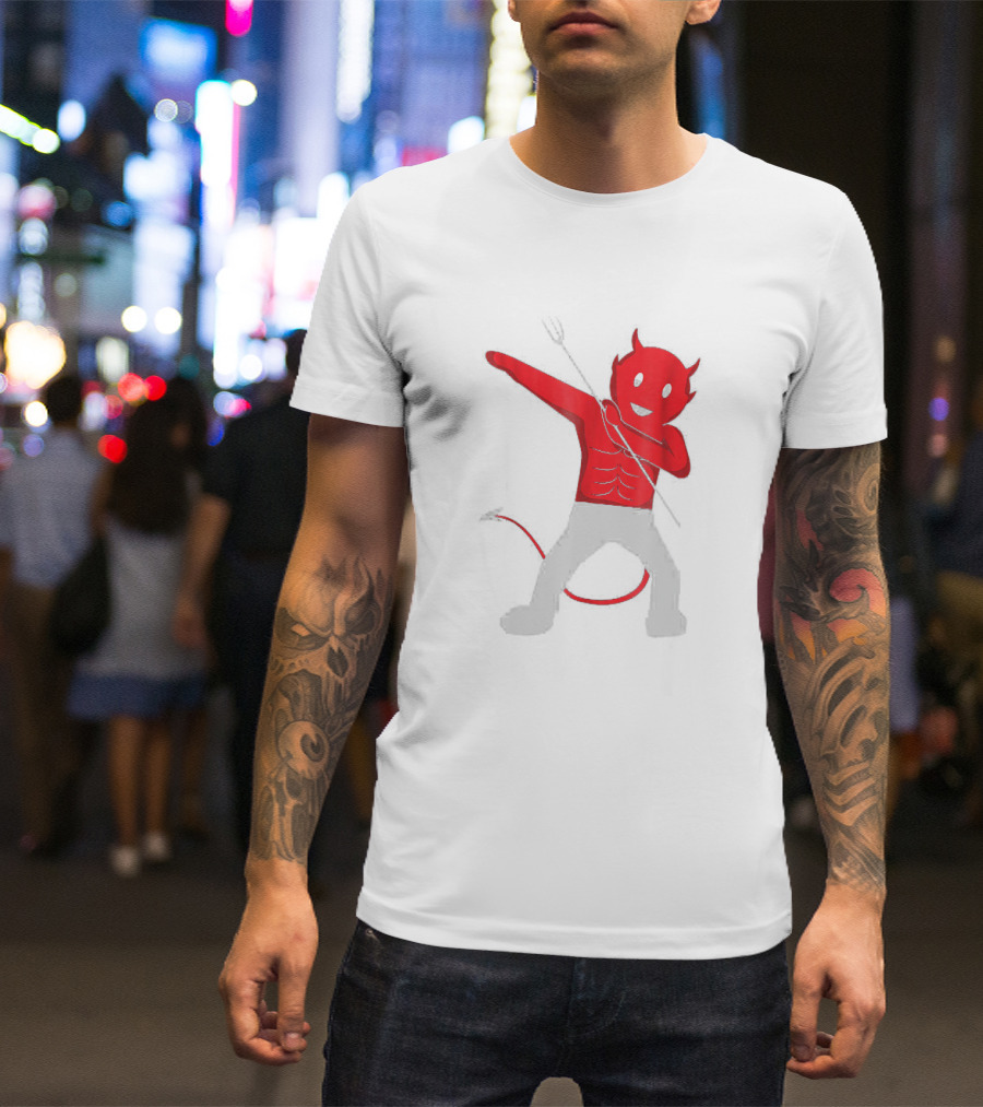 Dabbing Devil Halloween Dab Unny - Red Cartoon Devil Character With Tail And Horns In Popular Dance Pose T-Shirt