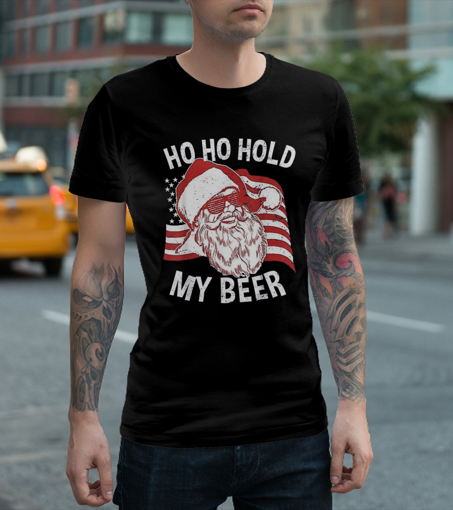 Ho Ho Hold My Beer Santa With Patriotic American Flag Christmas In July T-Shirt