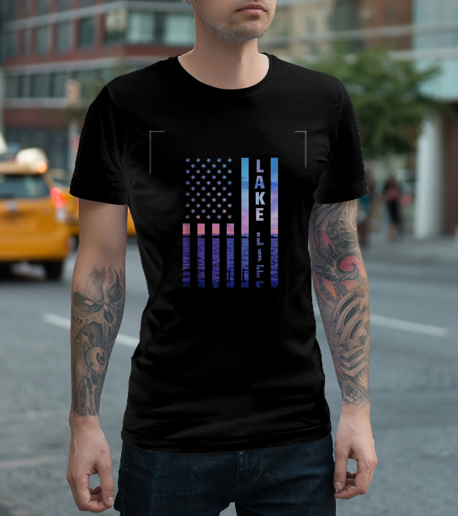 Lake Life Sunset Over Water with American Flag T-Shirt