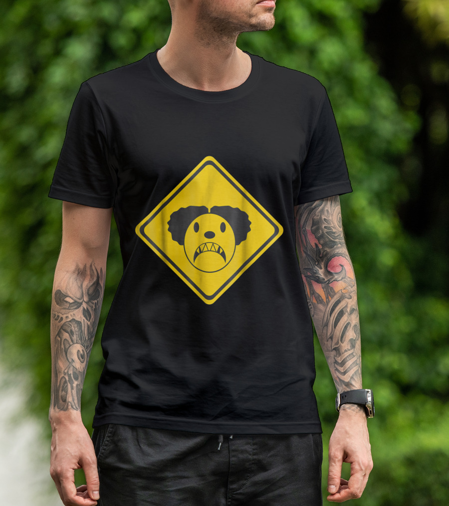 Beware Killer Clowns Warning Sign Graphic With Yellow Diamond And Scary Clown Face T-Shirt