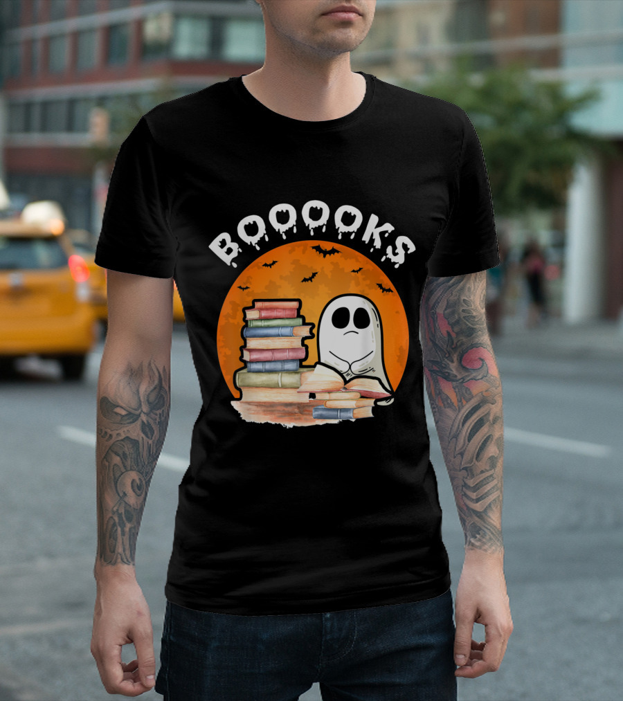 Booooks Ghost Holding Stack of Books with Bats and Full Moon Halloween Party T-Shirt