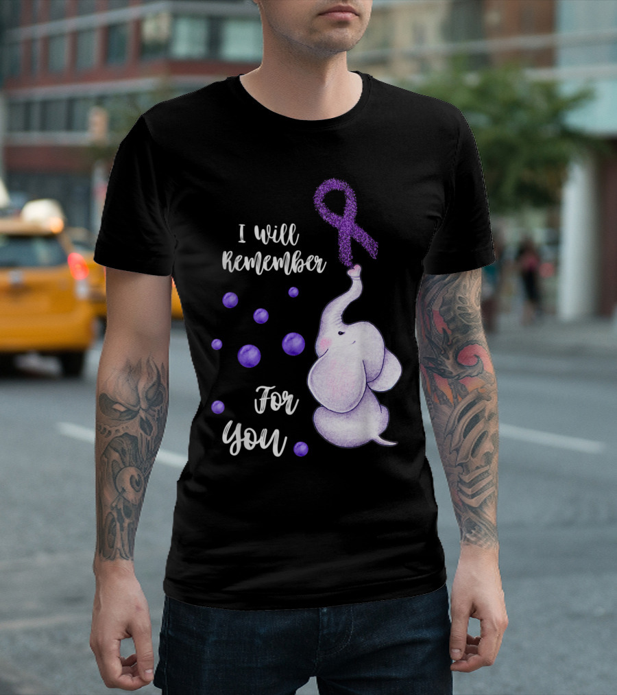 Purple Ribbon Elephant I Will Remember For You Alzheimer's Awareness T-Shirt