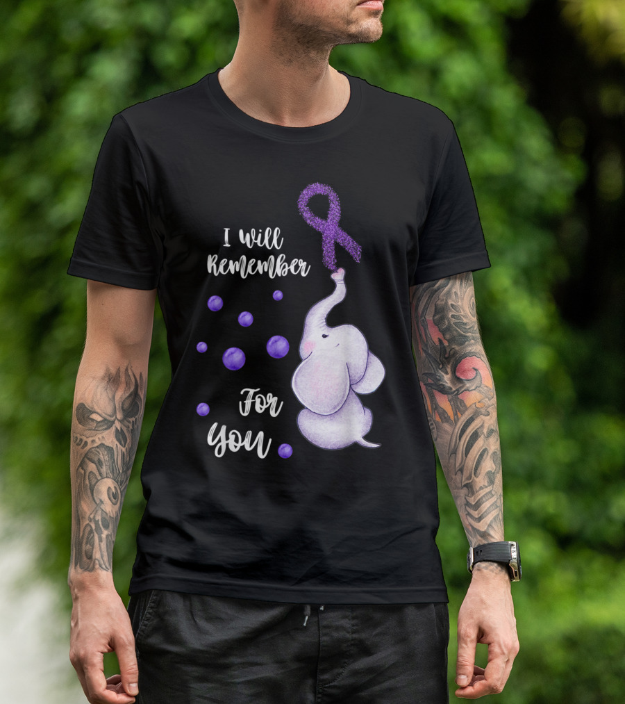 Purple Ribbon Elephant I Will Remember For You Alzheimer's Awareness T-Shirt
