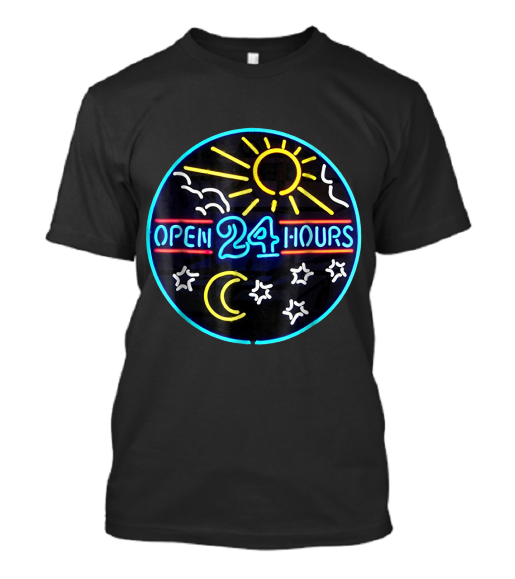 Open 24 Hours Neon Sign Sun Moon Stars T-Shirt