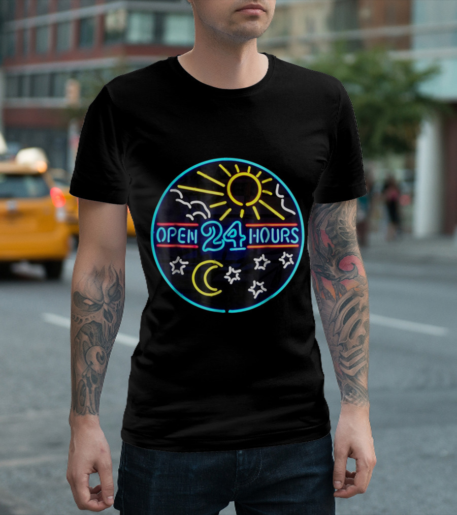 Open 24 Hours Neon Sign Sun Moon Stars T-Shirt