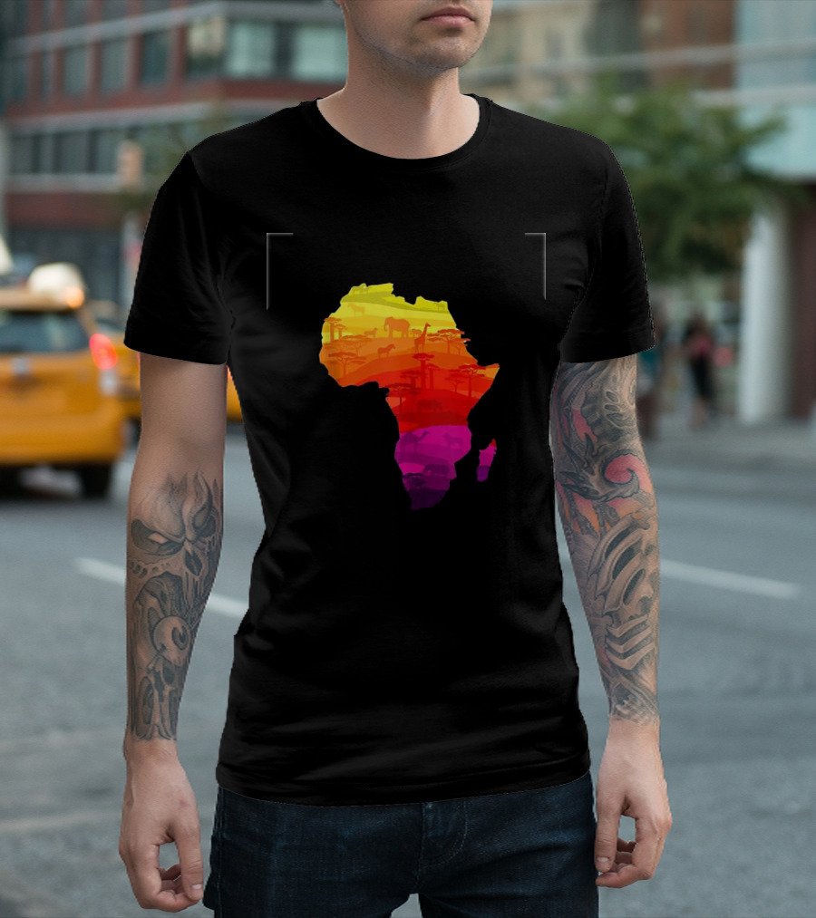 African Plains Wildlife Silhouette In Vibrant Traditional Color Patterns Map T-Shirt