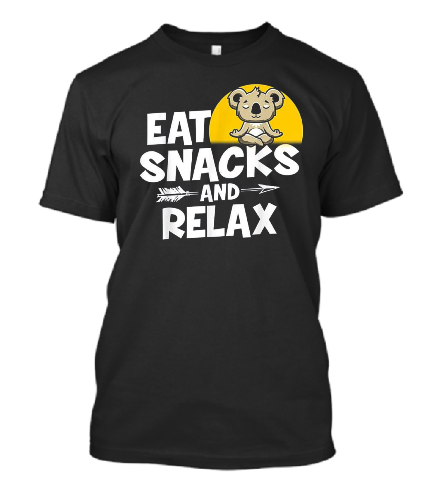 Eat Snacks And Relax Funny Koala Meditation Design With Yellow Background T-Shirt
