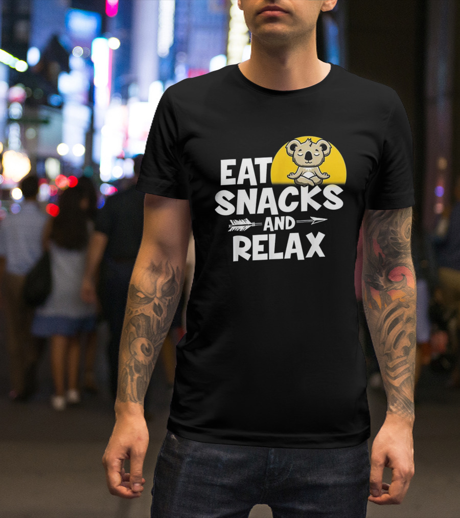 Eat Snacks And Relax Funny Koala Meditation Design With Yellow Background T-Shirt