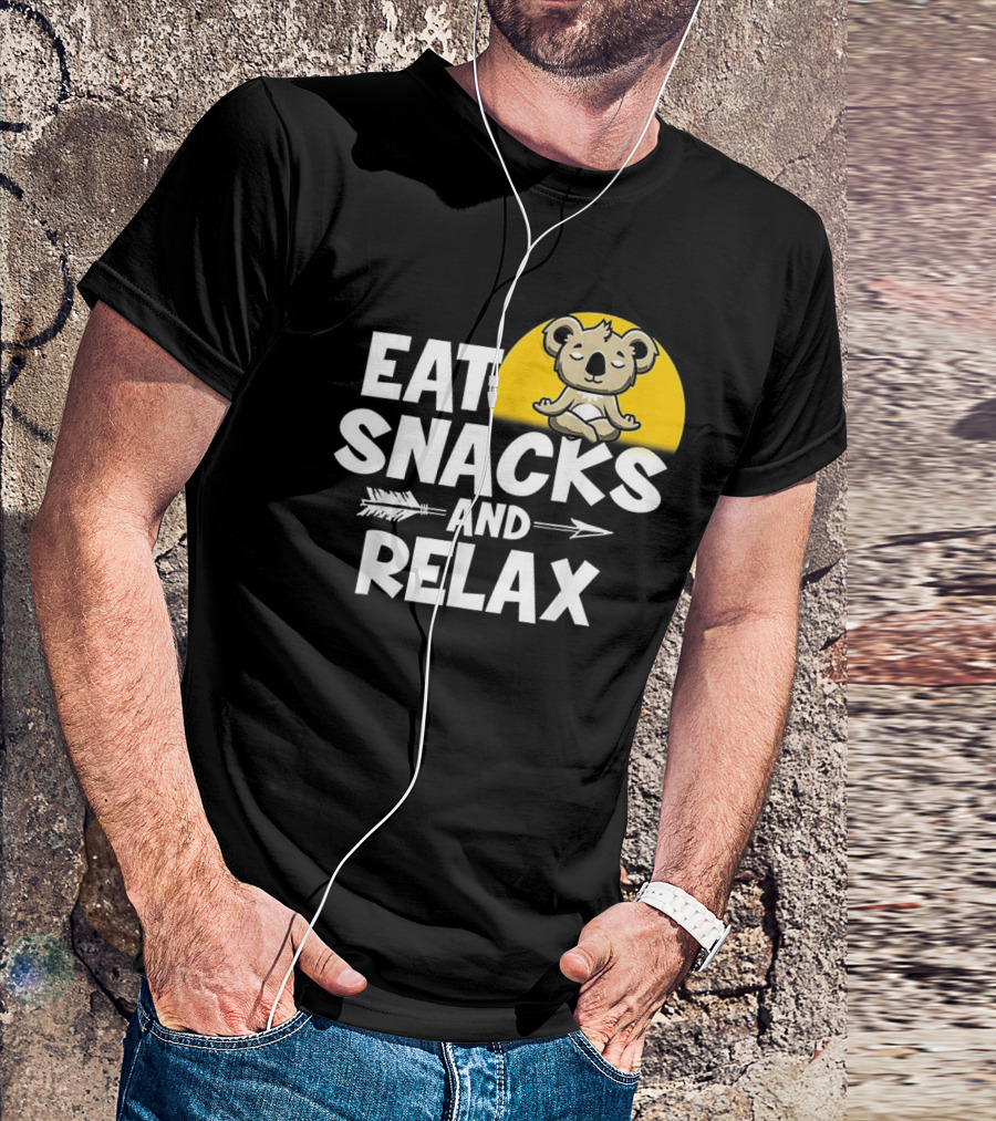 Eat Snacks And Relax Funny Koala Meditation Design With Yellow Background T-Shirt