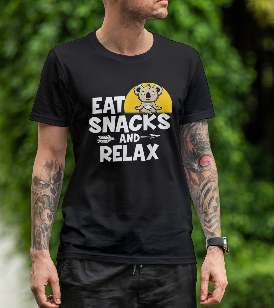 Eat Snacks And Relax Funny Koala Meditation Design With Yellow Background T-Shirt