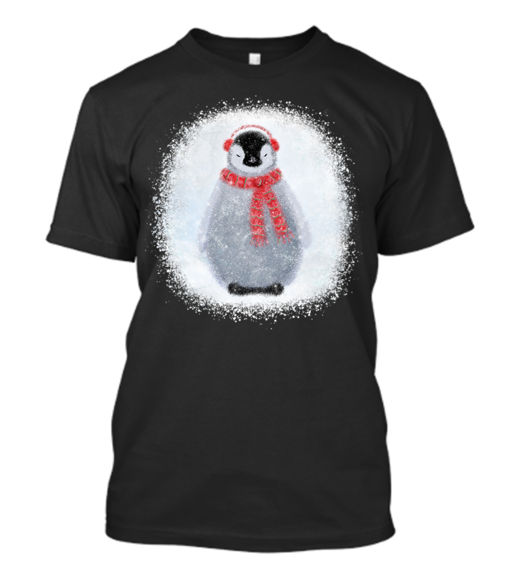 Cozy Frosty Penguin With Red Winter Scarf And Earmuffs T-Shirt