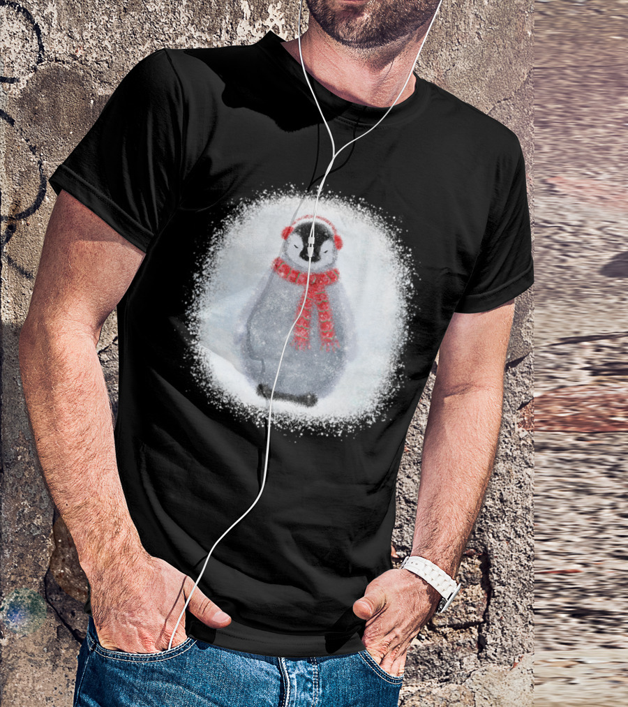 Cozy Frosty Penguin With Red Winter Scarf And Earmuffs T-Shirt