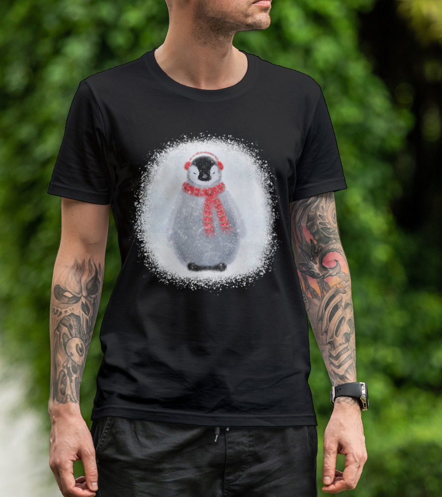 Cozy Frosty Penguin With Red Winter Scarf And Earmuffs T-Shirt