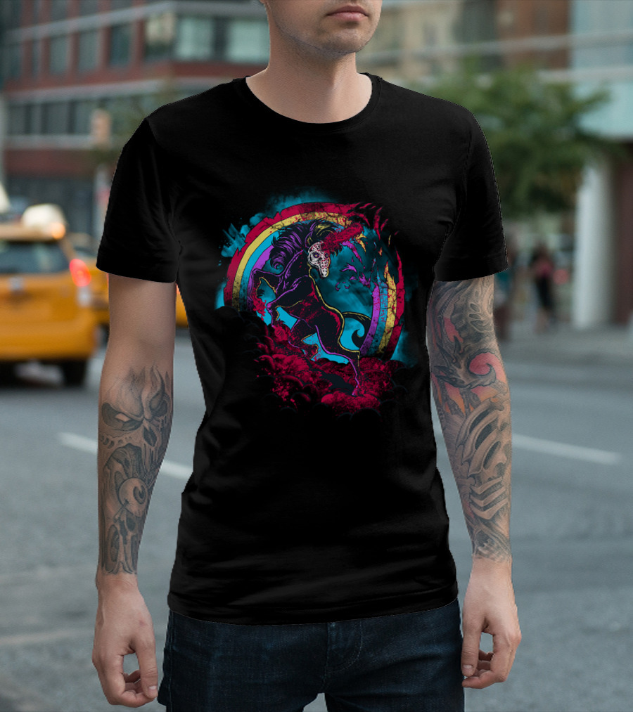 Dark Unicorn in Mask with Rainbow and Bats T-Shirt