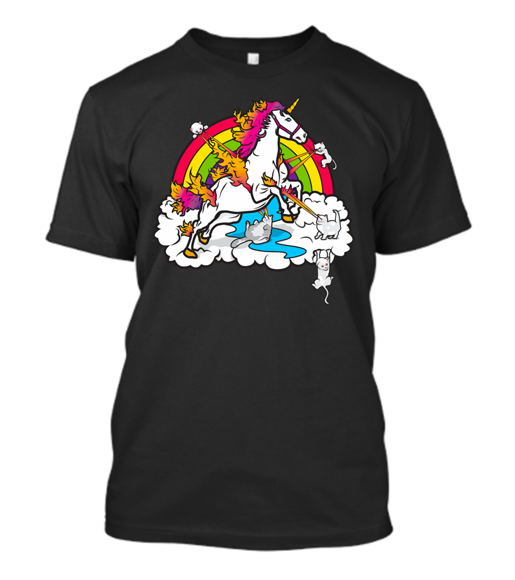 Cats Battling Unicorn On Rainbow Cloud Showdown T-Shirt