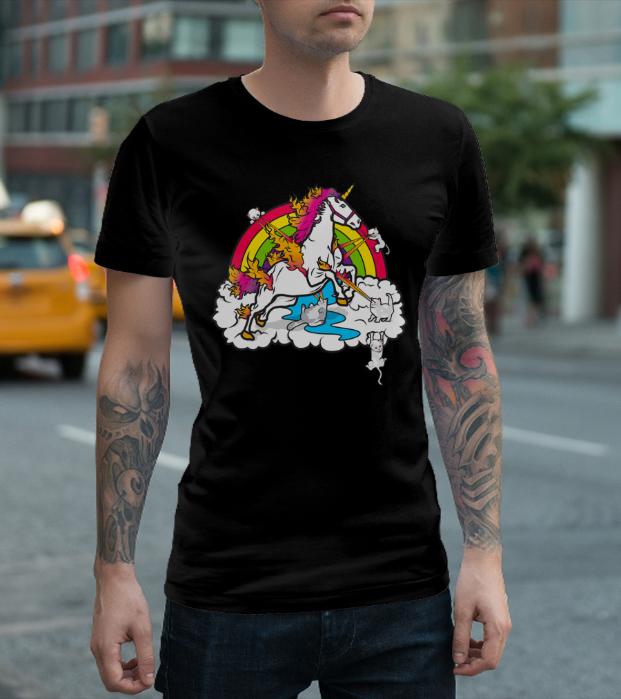 Cats Battling Unicorn On Rainbow Cloud Showdown T-Shirt