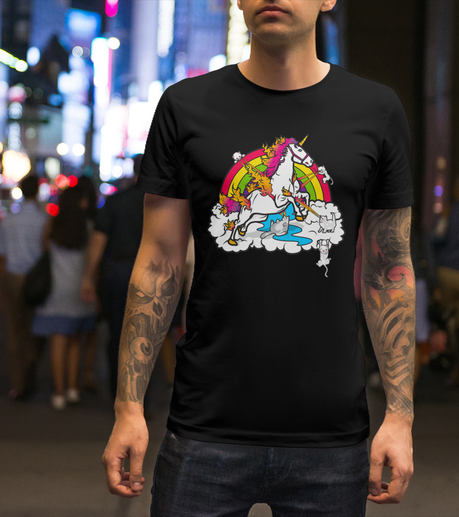 Cats Battling Unicorn On Rainbow Cloud Showdown T-Shirt