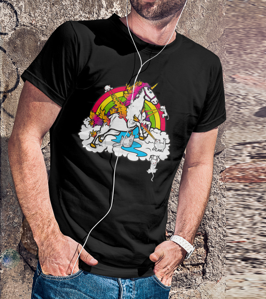 Cats Battling Unicorn On Rainbow Cloud Showdown T-Shirt