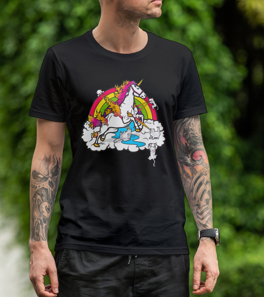Cats Battling Unicorn On Rainbow Cloud Showdown T-Shirt