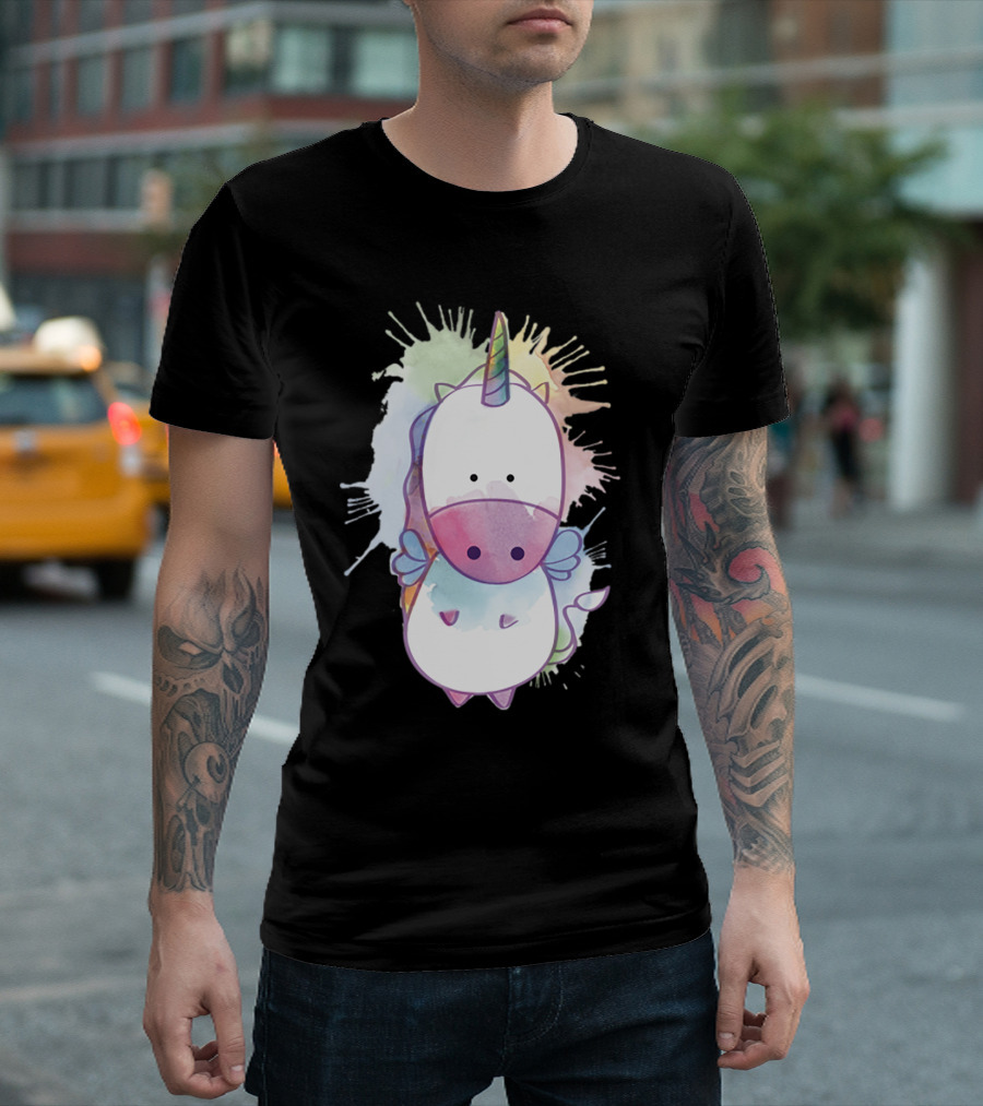 Whimsical Watercolor Pastel Unicorn with Colorful Splash Background T-Shirt