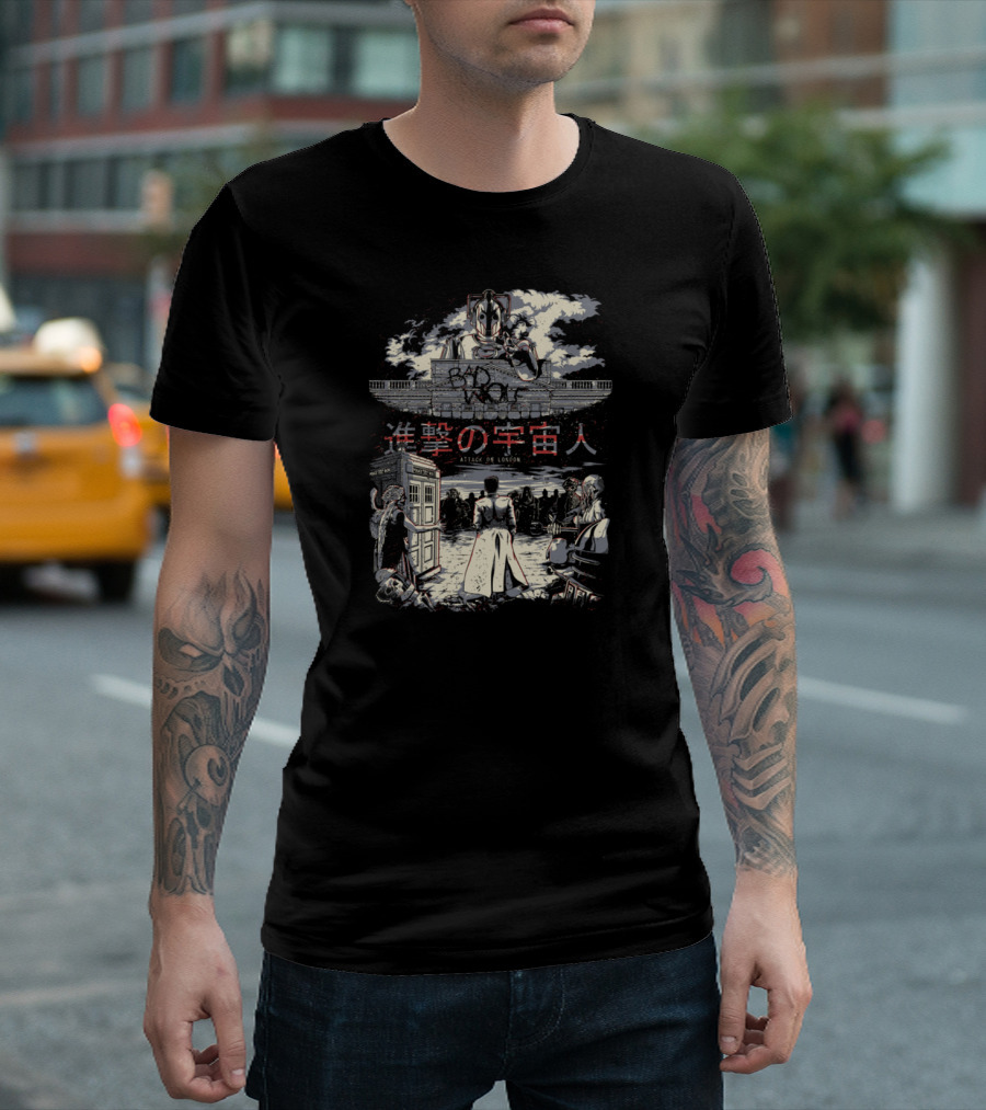 Bad Wolf Doctor Who Cyberman Attack De Londres Japanese Text T-Shirt
