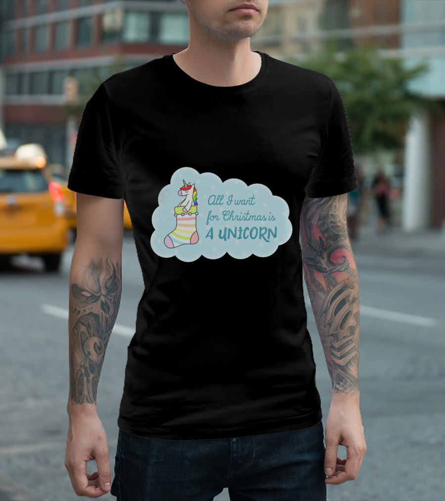 All I Want for Christmas Is a Unicorn in Stocking with Pastel Holiday Colors T-Shirt