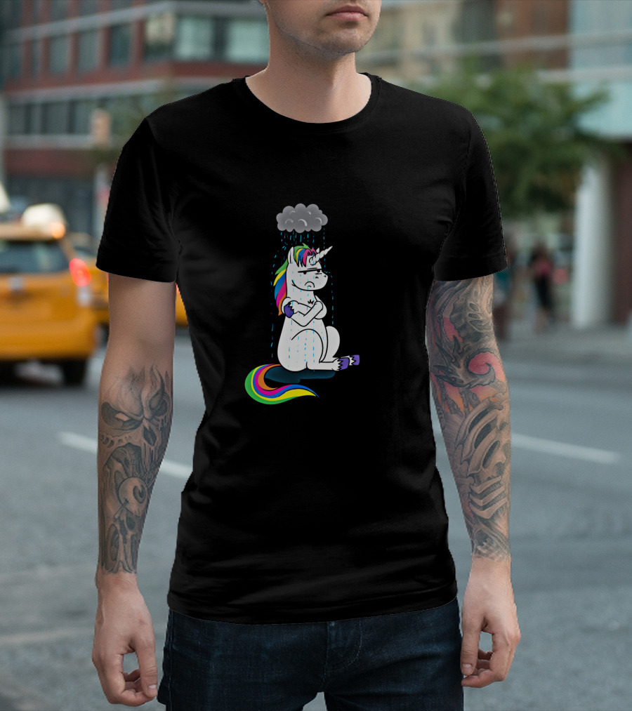 Bad Day Unicorn Raincloud Rainbow Mane Sad Expression T-Shirt
