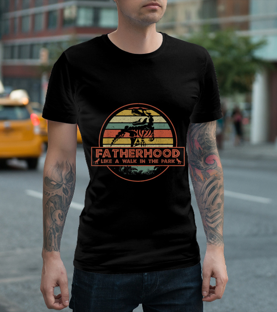 Fatherhood Like A Walk In The Park Retro Dinosaur Skeleton Stripes T-Shirt