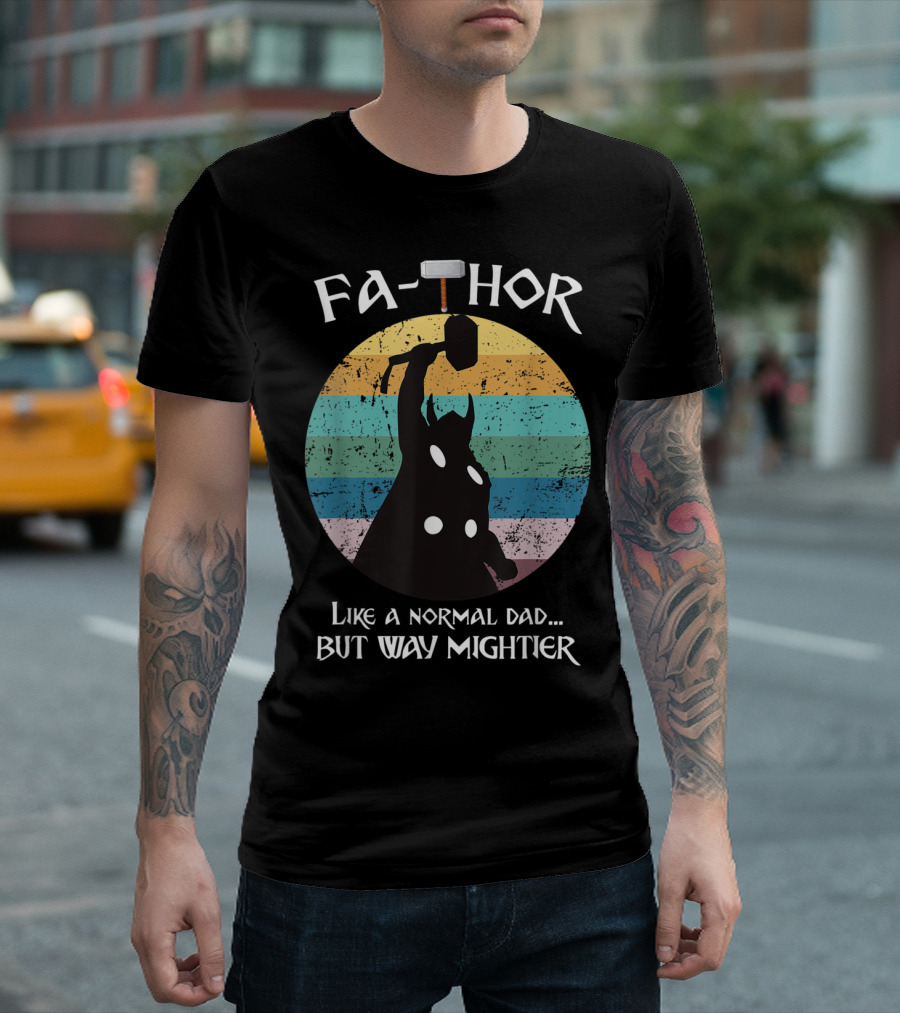 Fa-THOR Like a Normal Dad But Way Mightier Mjolnir Silhouette Retro Stripes T-Shirt
