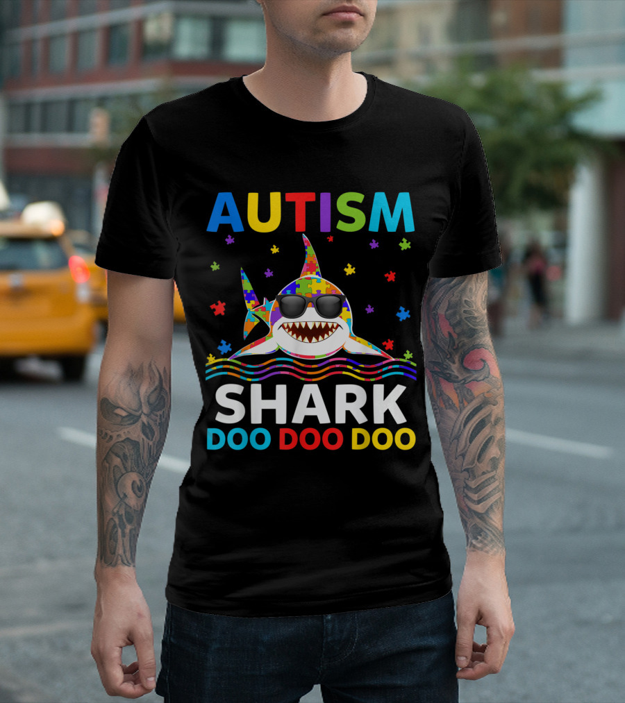 Autism Puzzle Shark Doo Doo Doo Awareness Fun With Sunglasses T-Shirt
