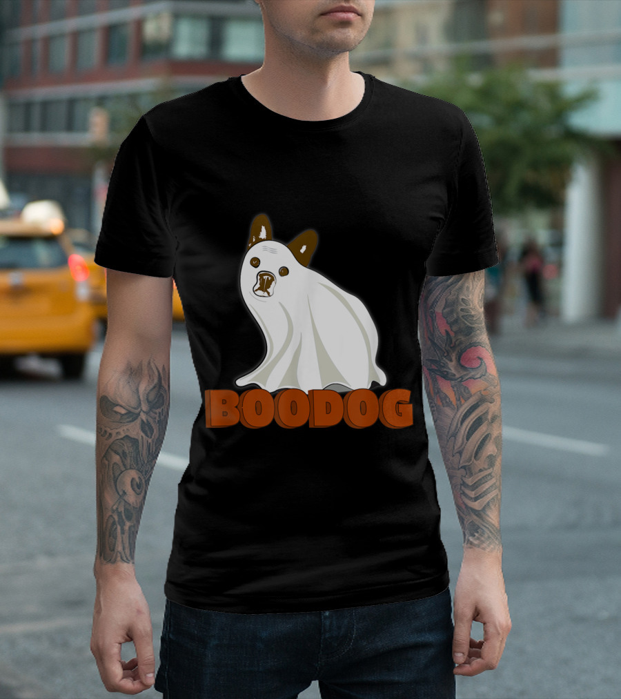 Boo Dog Costume Cute Bulldog Ghost Costume Under Sheet Halloween Fun T-Shirt