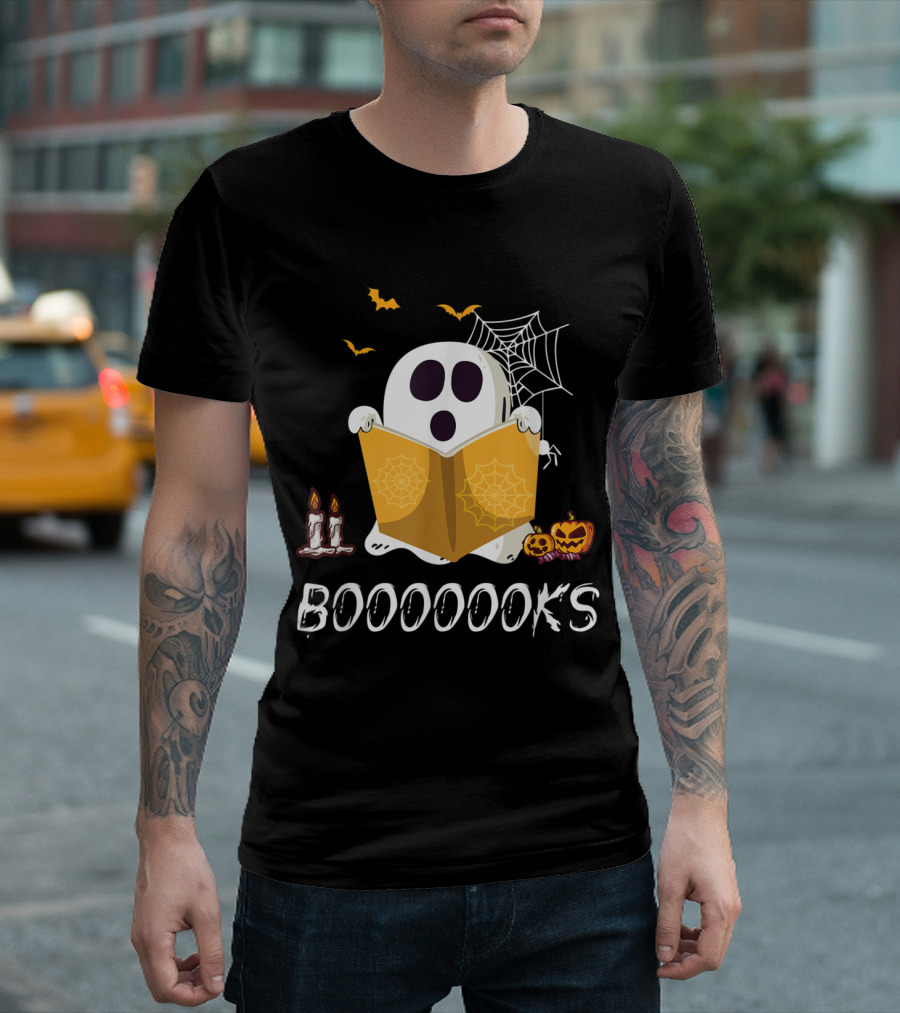 Booooooks Funny Boo Ghost Reading with Pumpkins Bats and Spider Webs T-Shirt