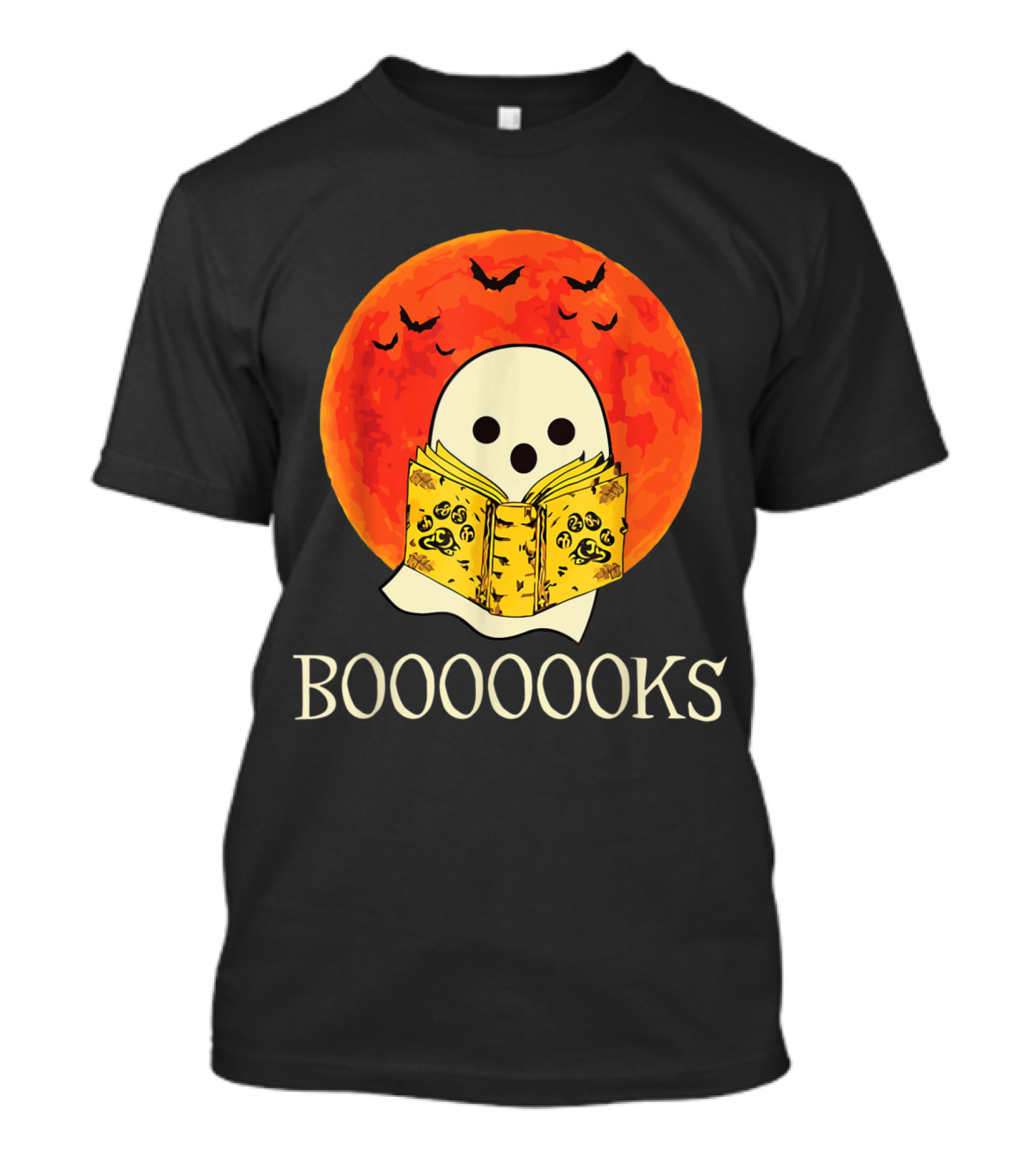 Spooky Booooooks Ghost Reading Under Orange Full Moon With Bats T-Shirt