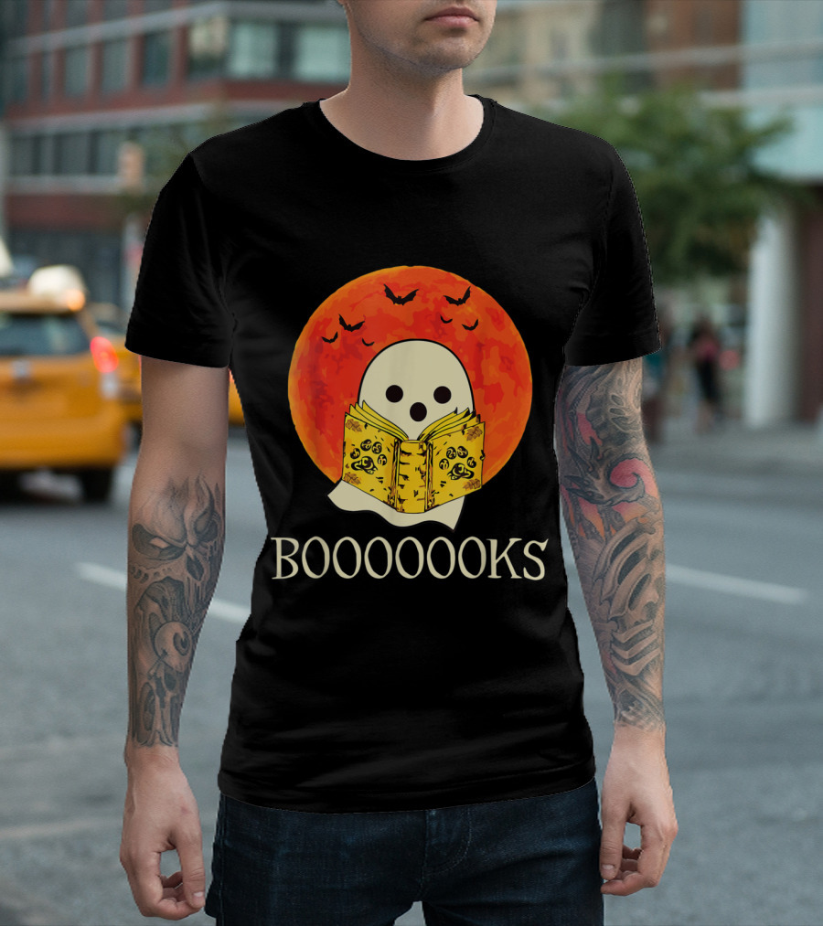 Spooky Booooooks Ghost Reading Under Orange Full Moon With Bats T-Shirt