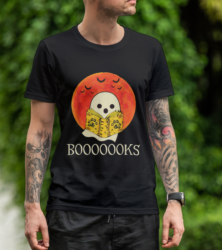 Spooky Booooooks Ghost Reading Under Orange Full Moon With Bats T-Shirt