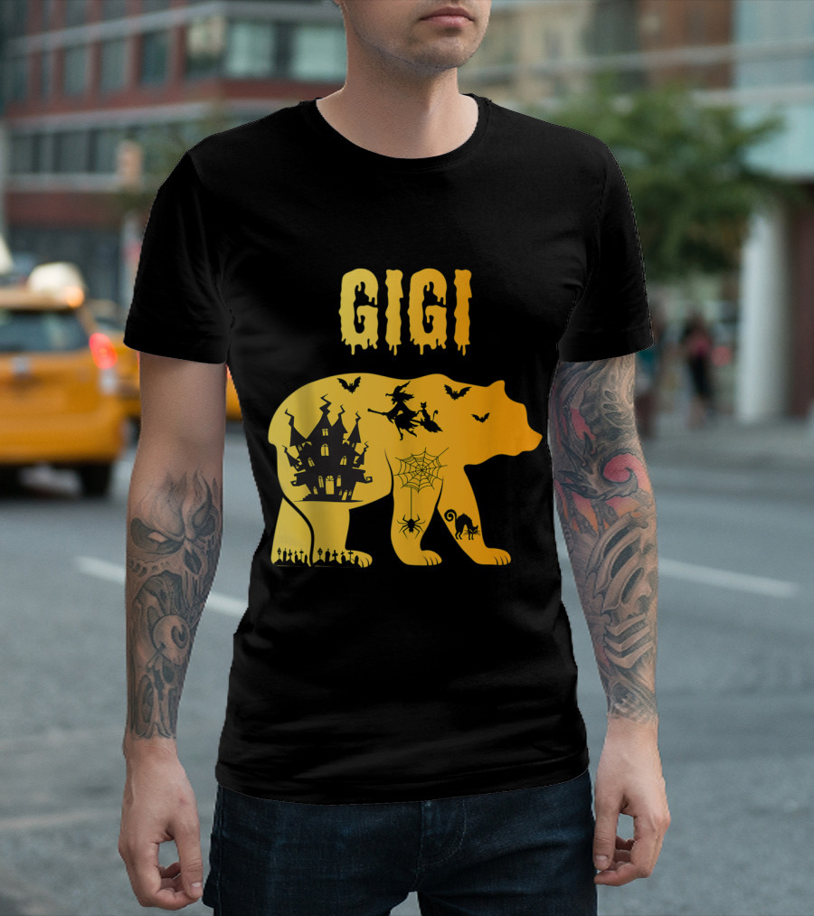 Gigi Halloween Bear Silhouette with Witch Bats Haunted House and Spider Web T-Shirt