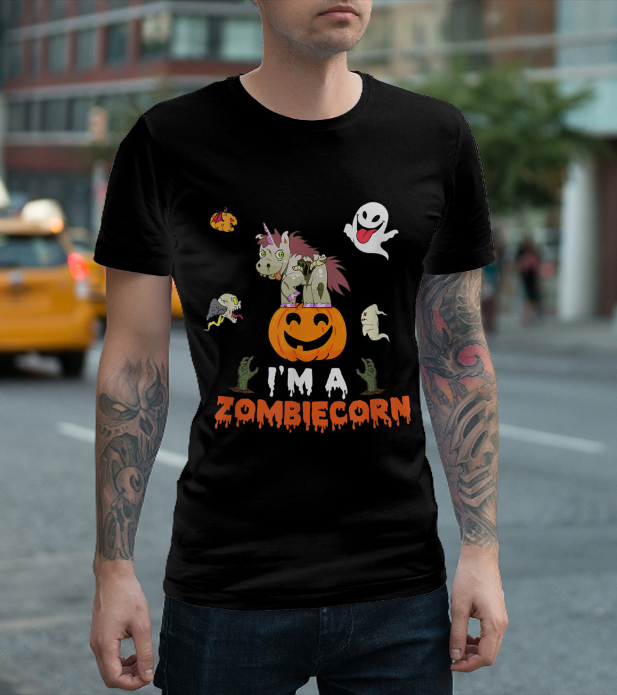 Halloween Unicorn Zombiecorn with Ghosts and Pumpkin Fun T-Shirt