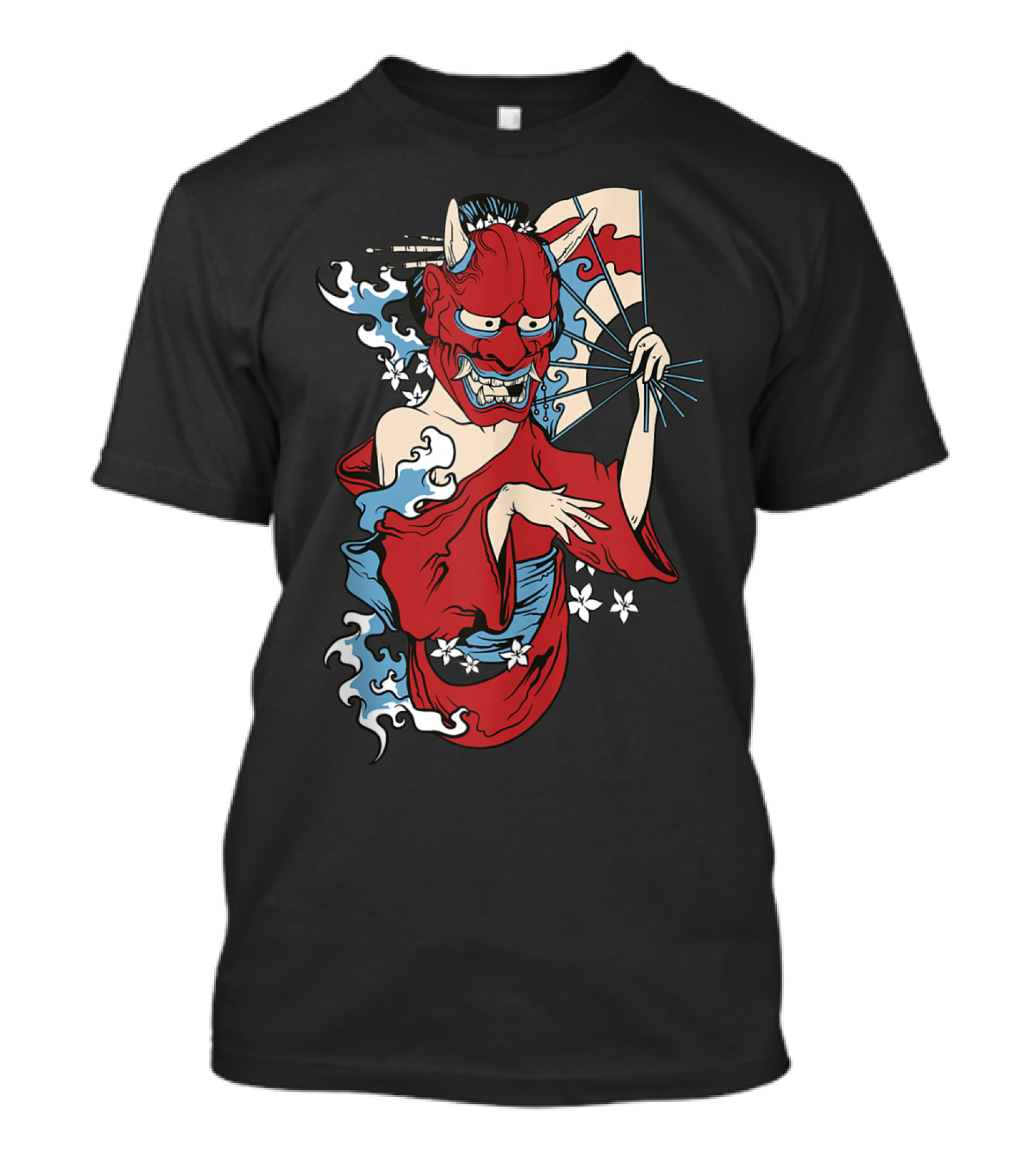 Geisha Demon Mask With Red Kimono And Fan Featuring Japanese Oni T-Shirt
