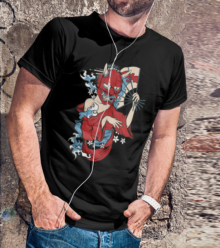 Geisha Demon Mask With Red Kimono And Fan Featuring Japanese Oni T-Shirt