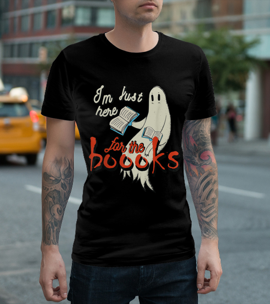 Ghost Holding Books I'm Just Here for the Booooks T-Shirt